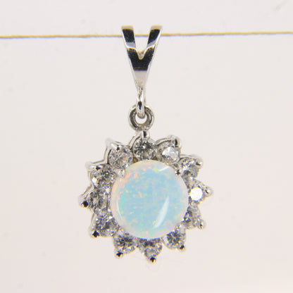 Vintage 14K White Gold Opal & CZ Cluster Pendant Round Halo Charm Gift