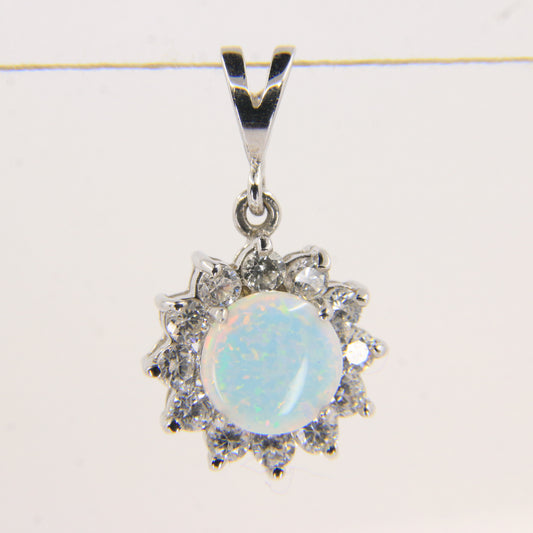Vintage 14K White Gold Opal & CZ Cluster Pendant Round Halo Charm Gift