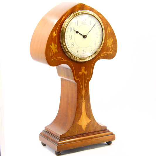 Antique Mahogany Art Nouveau Inlaid Mantel Clock Floral Design 8 Day Balanced Movement Running