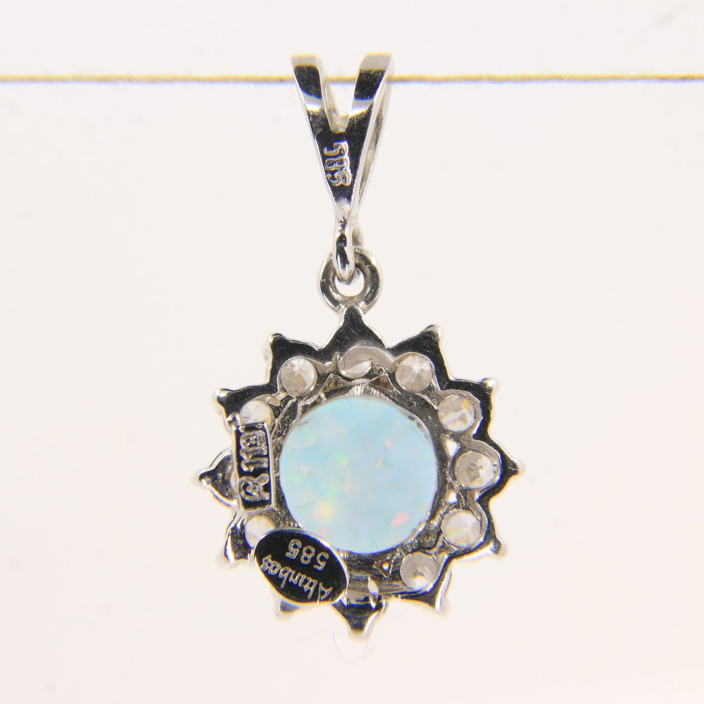 Vintage 14K White Gold Opal & CZ Cluster Pendant Round Halo Charm Gift