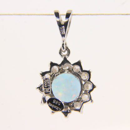 Vintage 14K White Gold Opal & CZ Cluster Pendant Round Halo Charm Gift