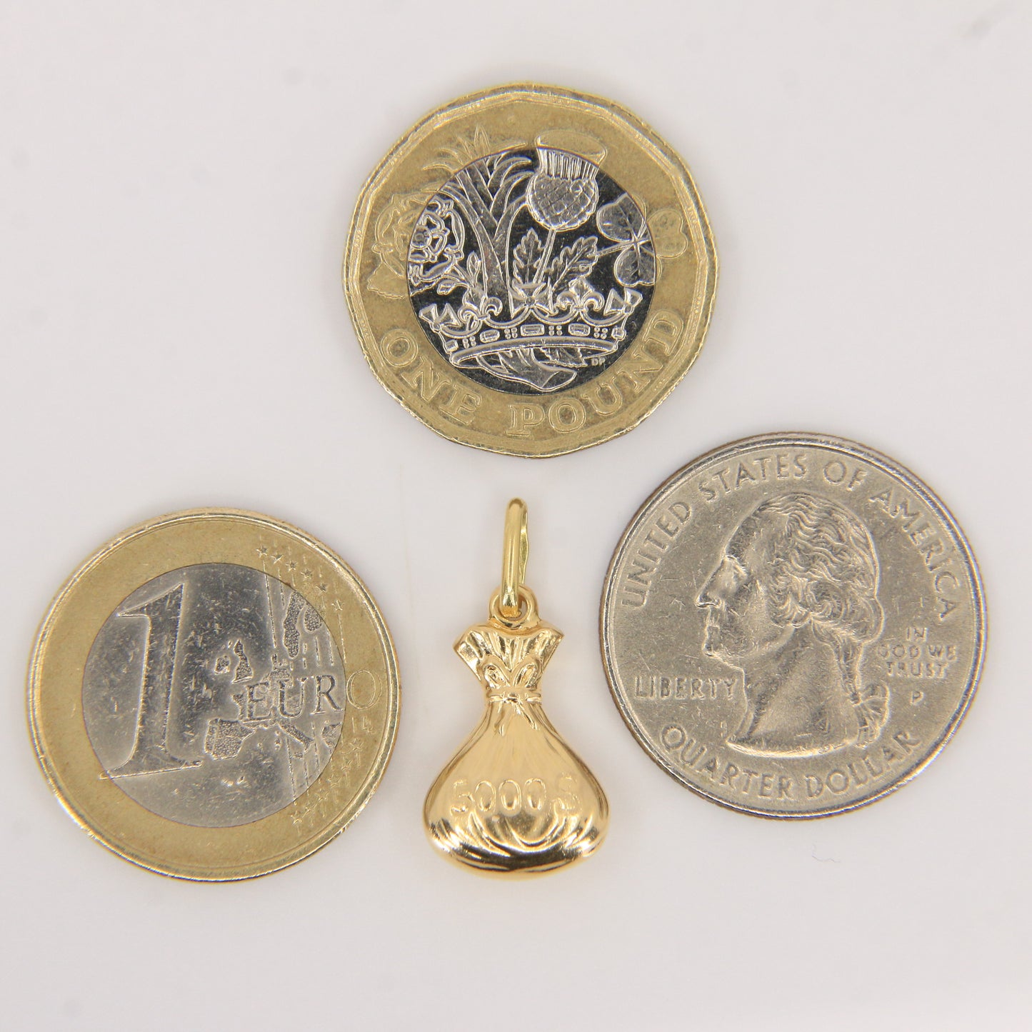 Vintage 18ct Yellow Gold Money Bag Pendant 5000 Dollar Wealth Charm Gift