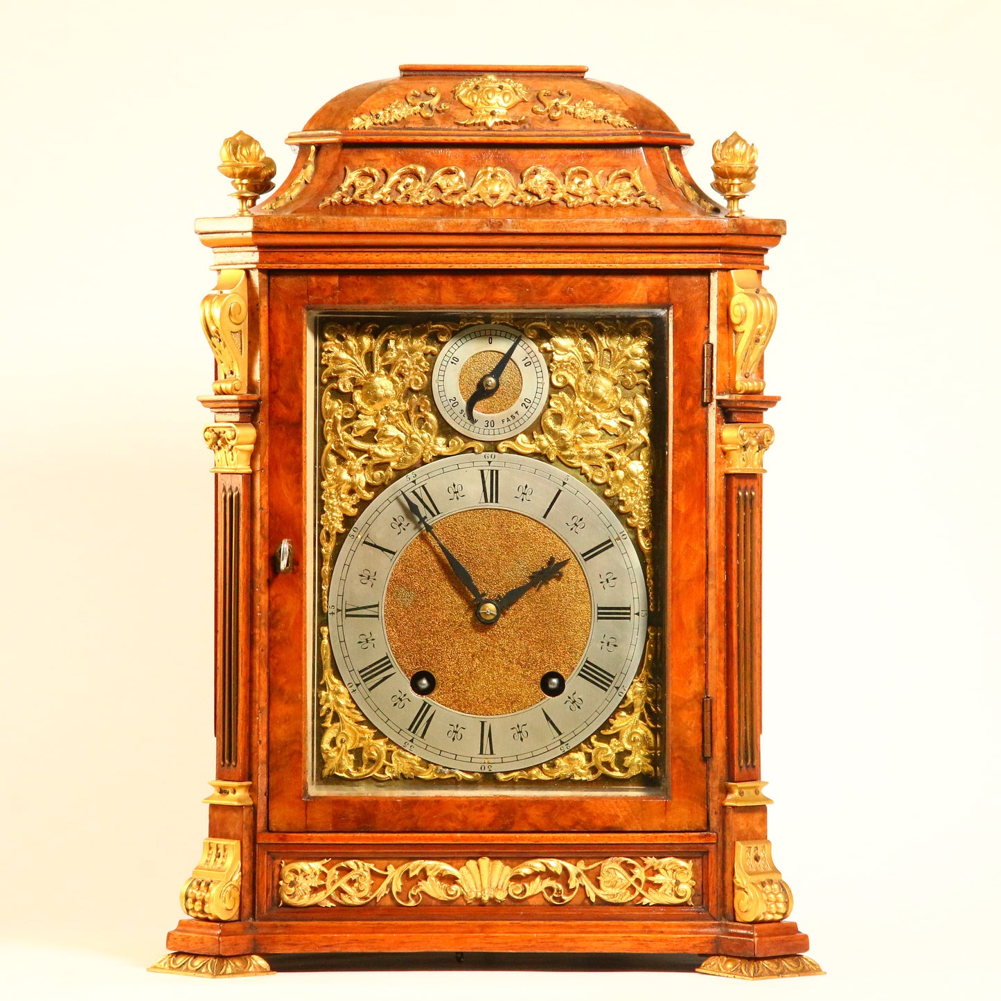 Antique German 1875 Quarter Strike Mantel Clock Walnut Gilt Brass by Lenzkirch