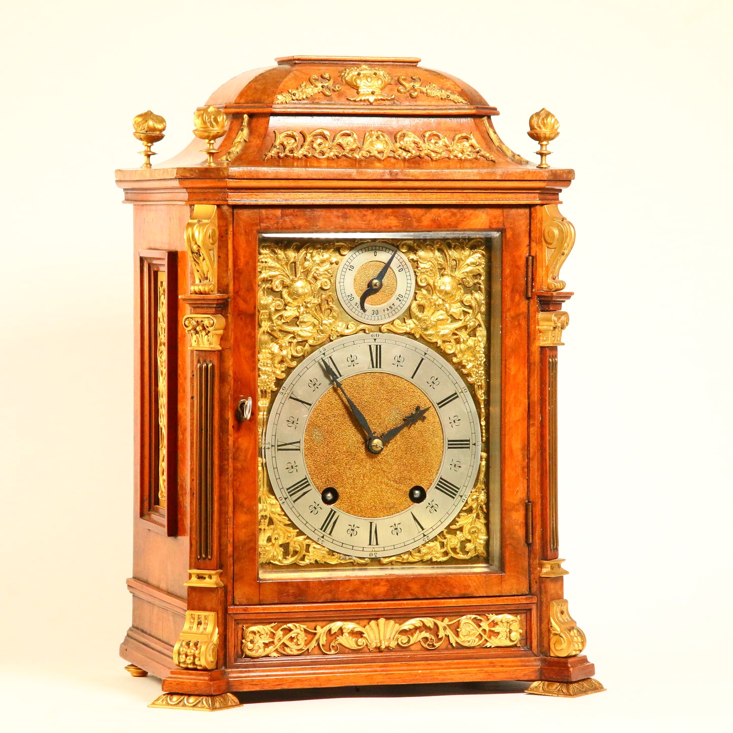 Antique German 1875 Quarter Strike Mantel Clock Walnut Gilt Brass by Lenzkirch