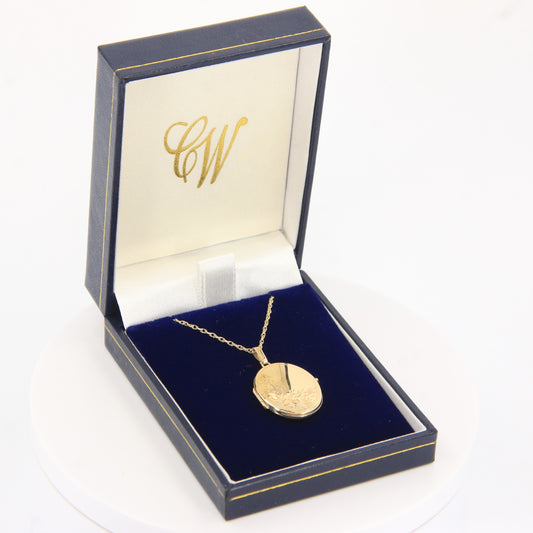 Vintage 9ct Gold Floral Oval Locket Pendant Necklace 18" Singapore Chain Boxed
