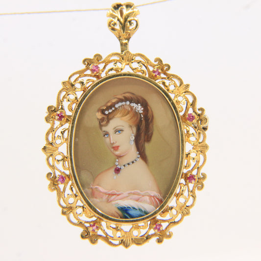 Vintage 18ct Hallmarked Gold Victorian Style Princess Portrait Pendant Brooch