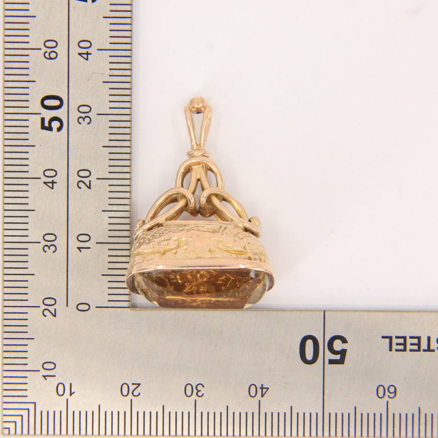 Antique 9ct Yellow Gold Citrine Fob Pendant Charm Ornate Drop Victorian Style
