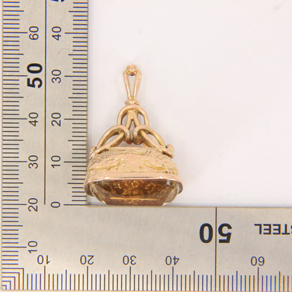 Antique 9ct Yellow Gold Citrine Fob Pendant Charm Ornate Drop Victorian Style