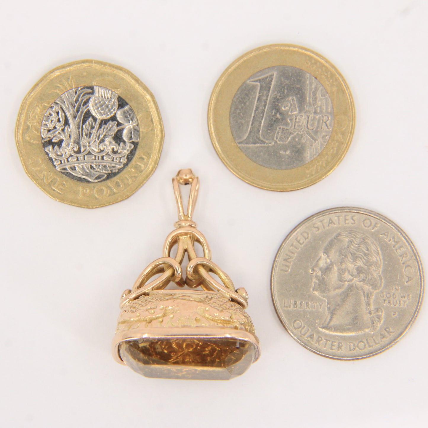 Antique 9ct Yellow Gold Citrine Fob Pendant Charm Ornate Drop Victorian Style