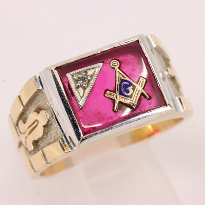 Vintage 10K/14K Gold Masonic Ring Diamond Ruby Freemason Signet Ring UK SIZE V