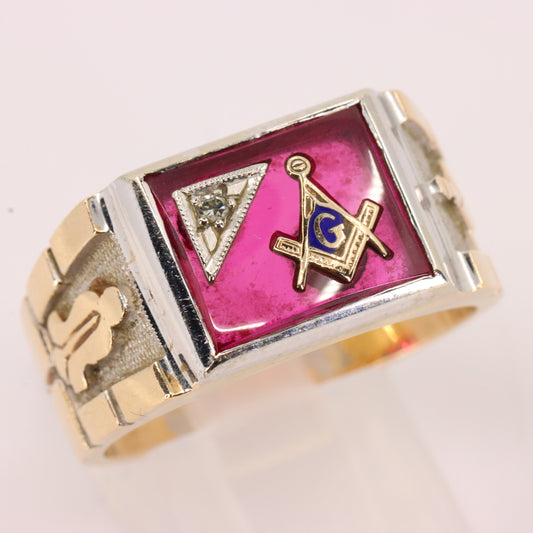 Vintage 10K/14K Gold Masonic Ring Diamond Ruby Freemason Signet Ring UK SIZE V