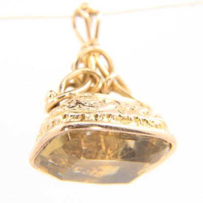 Antique 9ct Yellow Gold Citrine Fob Pendant Charm Ornate Drop Victorian Style