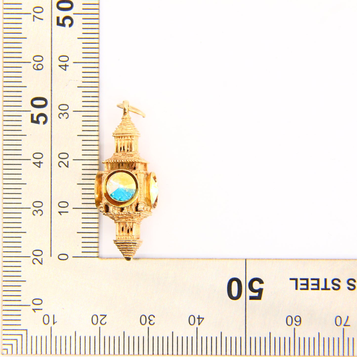 Vintage 9ct Gold Lantern Charm Pendant Clock Tower set with Multicolour Gems