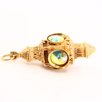 Vintage 9ct Gold Lantern Charm Pendant Clock Tower set with Multicolour Gems