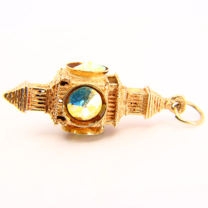 Vintage 9ct Gold Lantern Charm Pendant Clock Tower set with Multicolour Gems