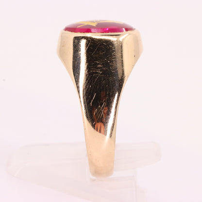 Vintage 9ct Hallmarked Gold Masonic Ruby Ring Square & Compass Mason Ring Boxed