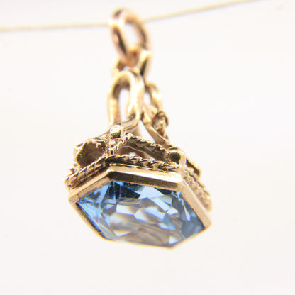 Vintage 9ct Hallmarked Blue Spinel Drop Fob Pendant Charm 9 Carat Yellow Gold