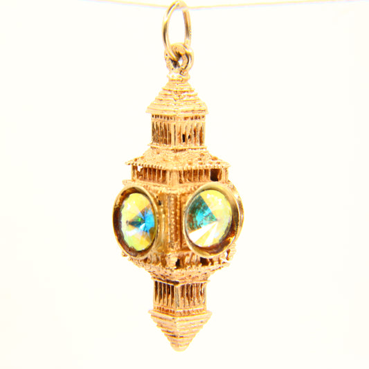 Vintage 9ct Gold Lantern Charm Pendant Clock Tower set with Multicolour Gems