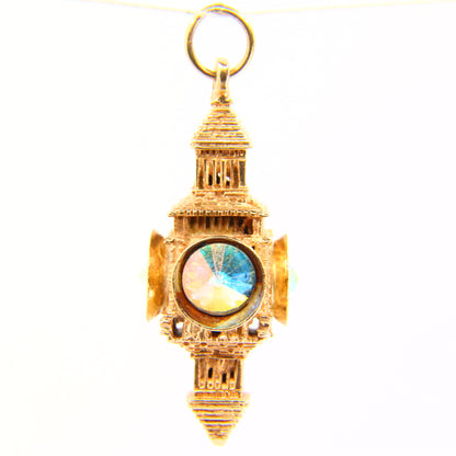 Vintage 9ct Gold Lantern Charm Pendant Clock Tower set with Multicolour Gems