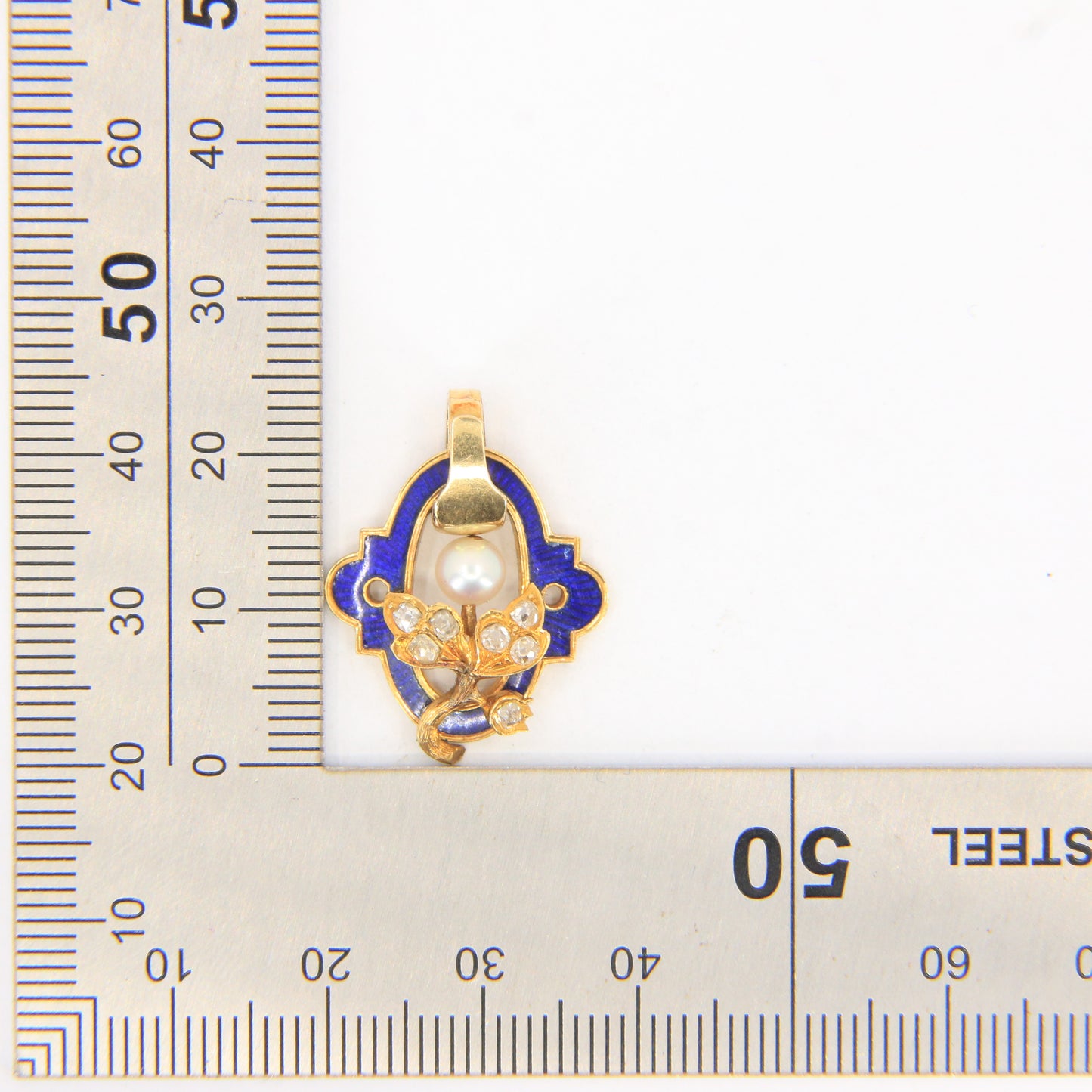 Antique 18ct Gold French Blue Enamel Pendant Old Cut Diamond Pearl Floral Charm