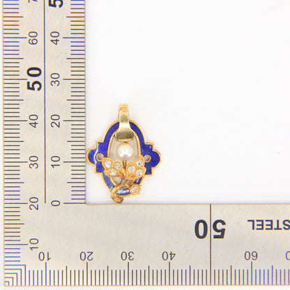 Antique 18ct Gold French Blue Enamel Pendant Old Cut Diamond Pearl Floral Charm