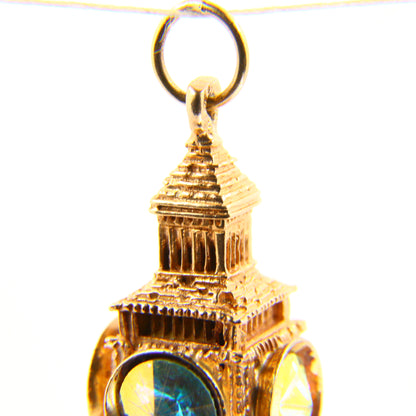 Vintage 9ct Gold Lantern Charm Pendant Clock Tower set with Multicolour Gems