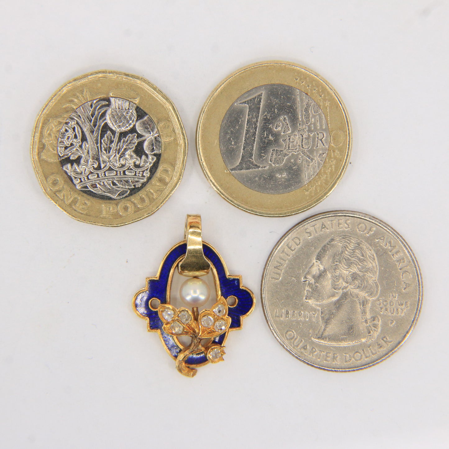 Antique 18ct Gold French Blue Enamel Pendant Old Cut Diamond Pearl Floral Charm