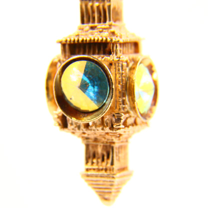 Vintage 9ct Gold Lantern Charm Pendant Clock Tower set with Multicolour Gems