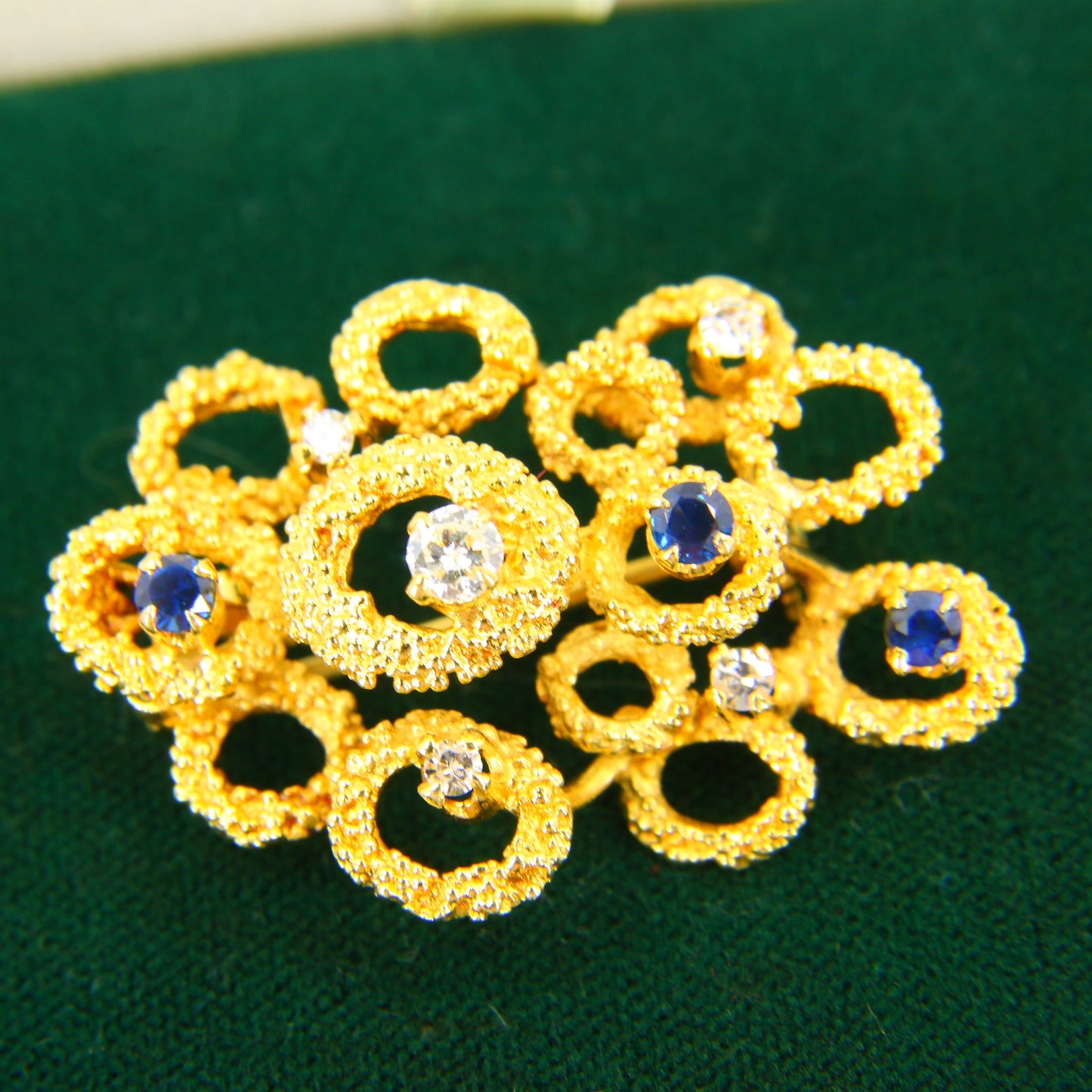 Vintage 18ct Diamond & Sapphire Gold Brooch Pendant, Textured Gold