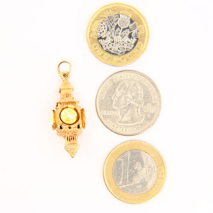 Vintage 9ct Gold Lantern Charm Pendant Clock Tower set with Multicolour Gems