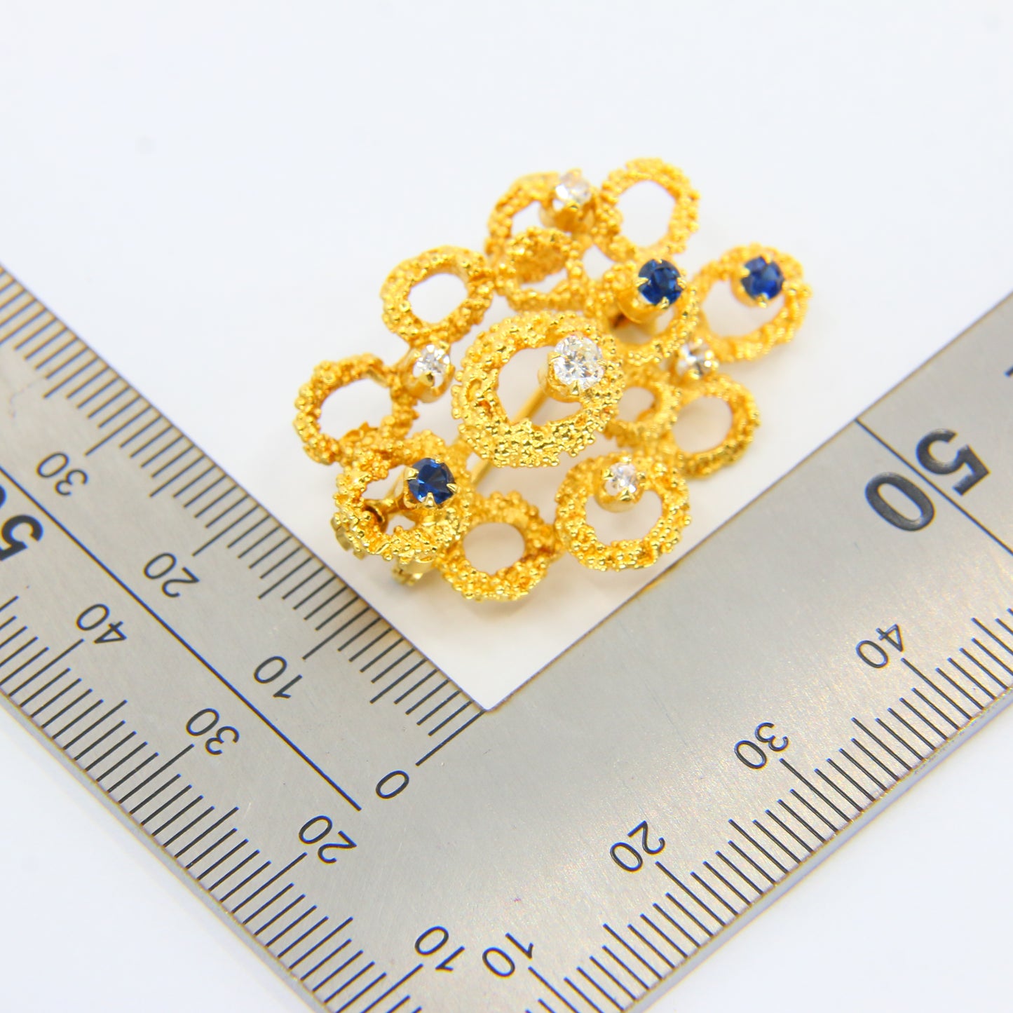 Vintage 18ct Diamond & Sapphire Gold Brooch Pendant, Textured Gold