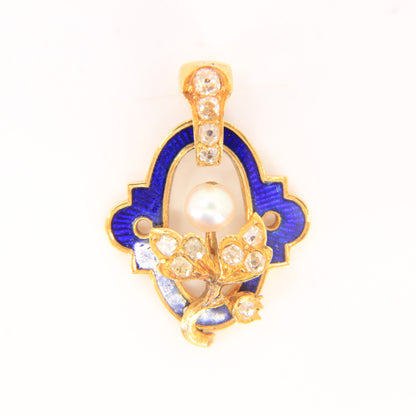 Antique 18ct Gold French Blue Enamel Pendant Old Cut Diamond Pearl Floral Charm