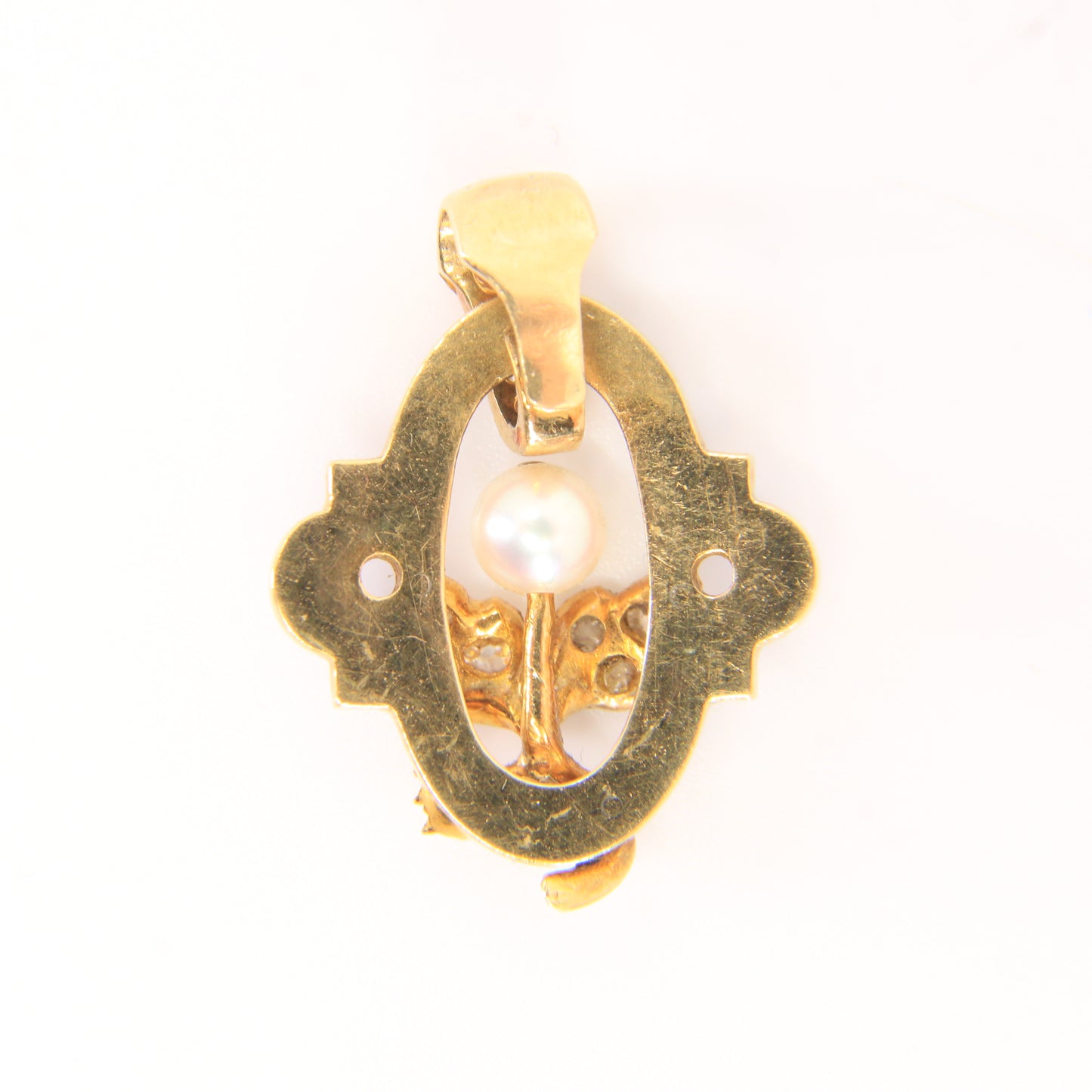 Antique 18ct Gold French Blue Enamel Pendant Old Cut Diamond Pearl Floral Charm