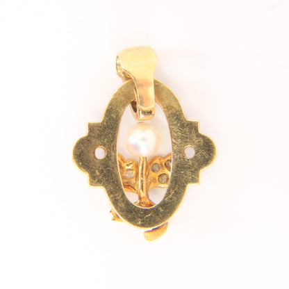 Antique 18ct Gold French Blue Enamel Pendant Old Cut Diamond Pearl Floral Charm