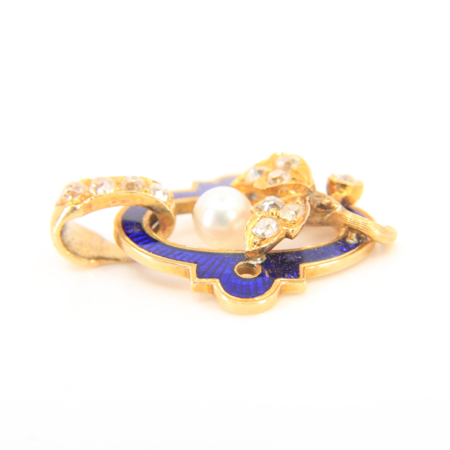 Antique 18ct Gold French Blue Enamel Pendant Old Cut Diamond Pearl Floral Charm