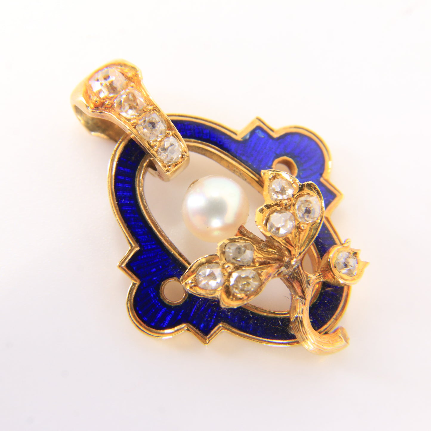 Antique 18ct Gold French Blue Enamel Pendant Old Cut Diamond Pearl Floral Charm