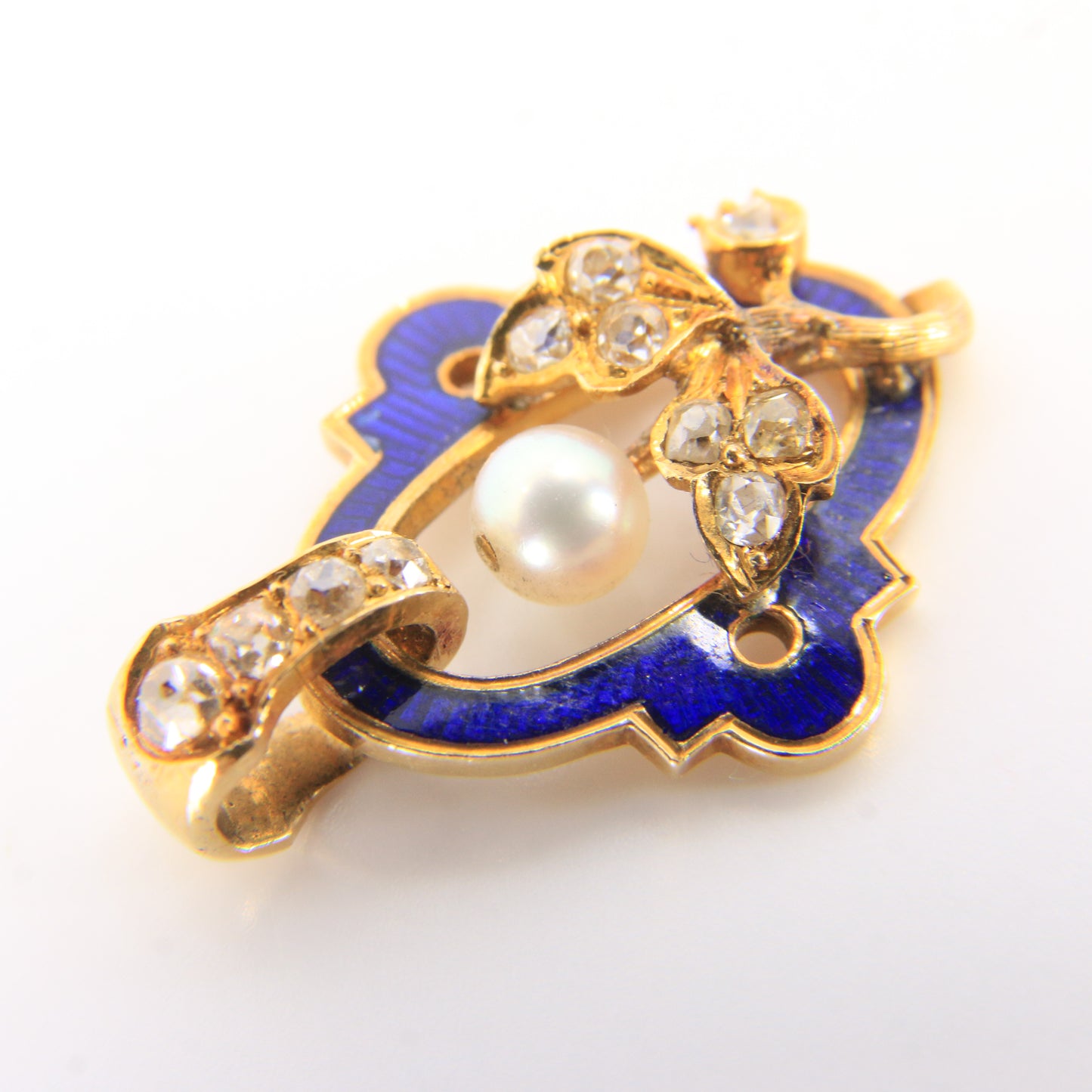 Antique 18ct Gold French Blue Enamel Pendant Old Cut Diamond Pearl Floral Charm
