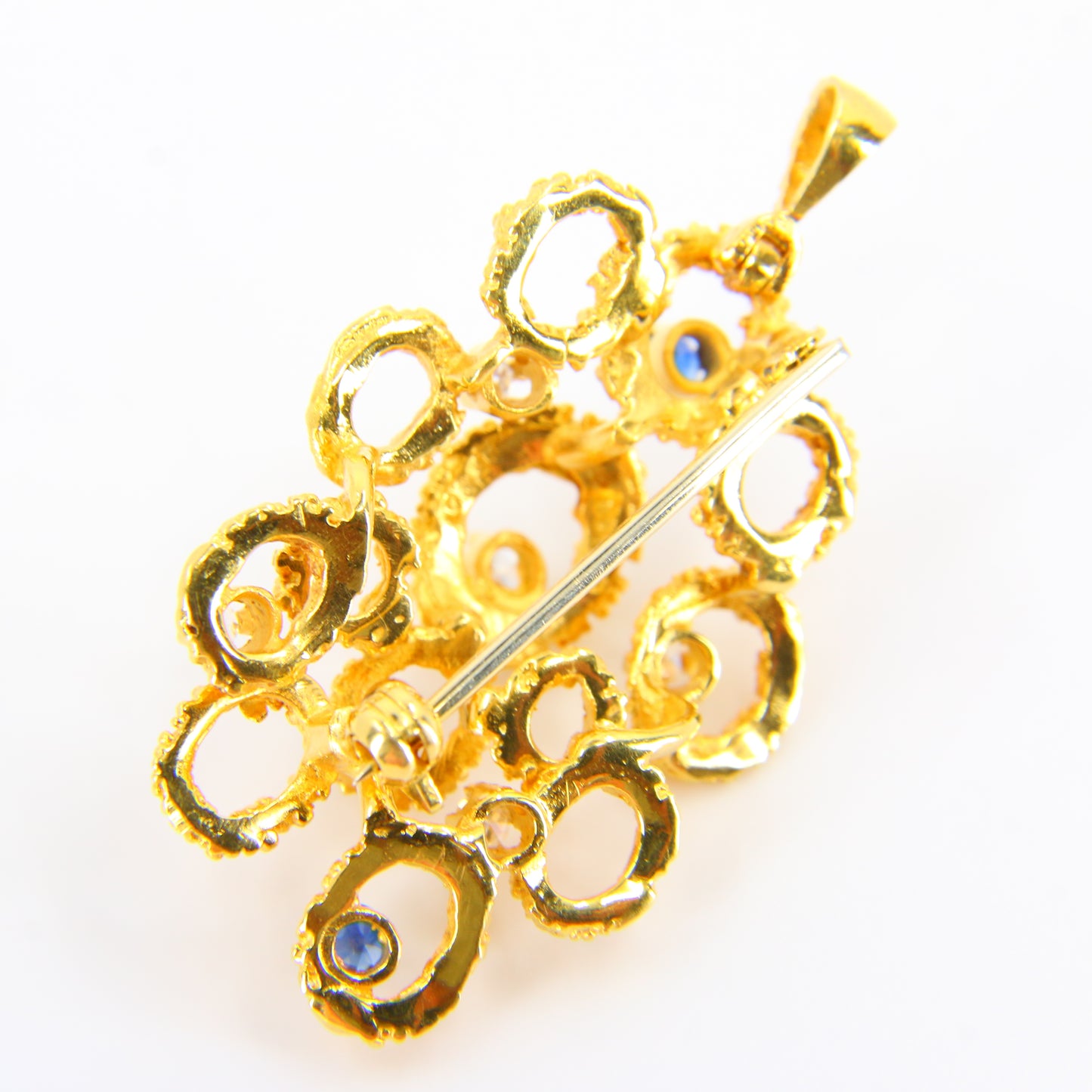 Vintage 18ct Diamond & Sapphire Gold Brooch Pendant, Textured Gold