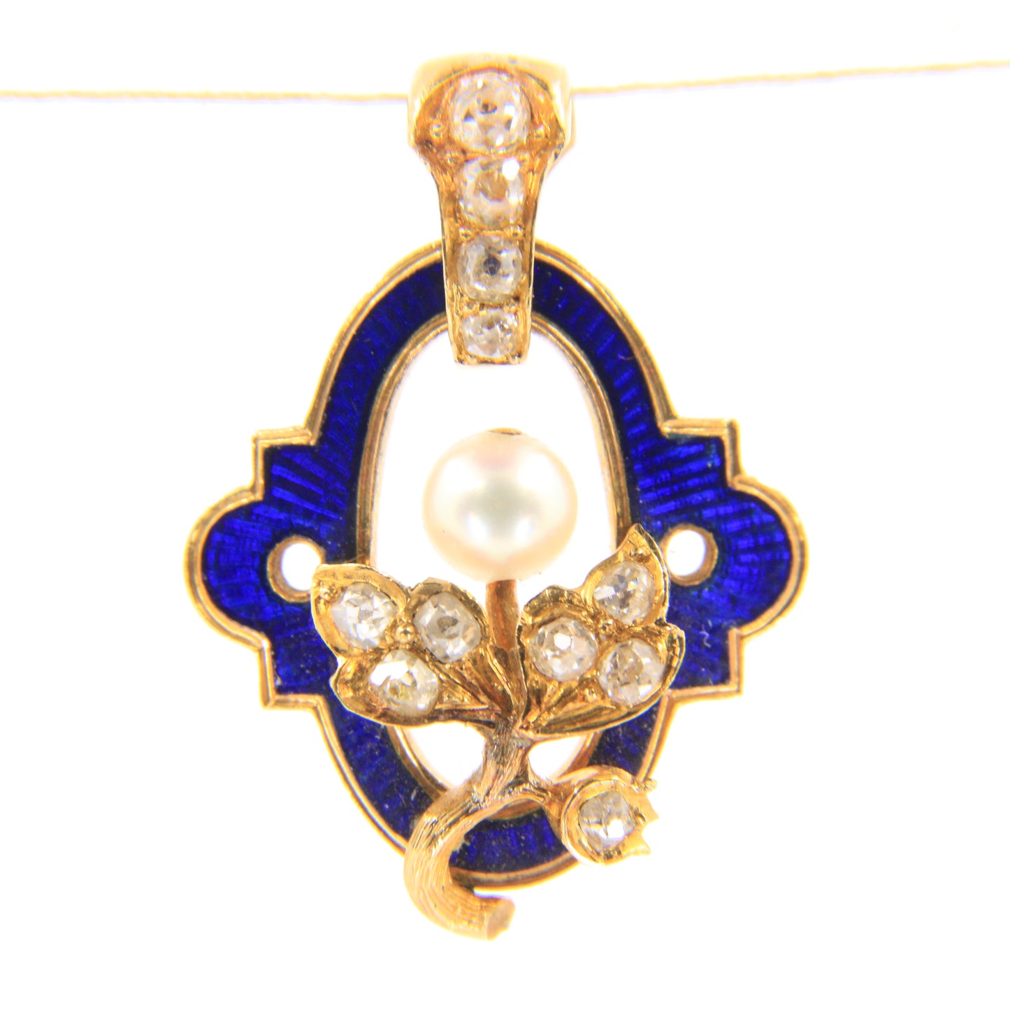 Antique 18ct Gold French Blue Enamel Pendant Old Cut Diamond Pearl Floral Charm