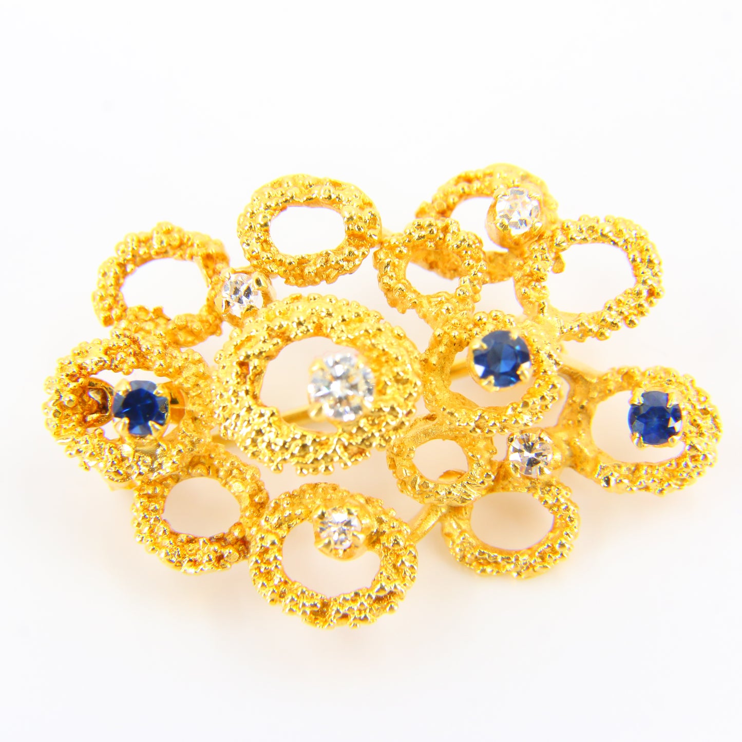 Vintage 18ct Diamond & Sapphire Gold Brooch Pendant, Textured Gold