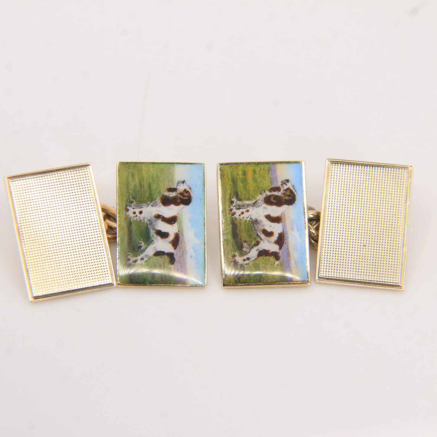 Antique 9ct Hallmarked Yellow Gold Enamel Spaniel Dog Cufflinks 1935 Boxed Gift