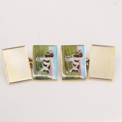 Antique 9ct Hallmarked Yellow Gold Enamel Spaniel Dog Cufflinks 1935 Boxed Gift