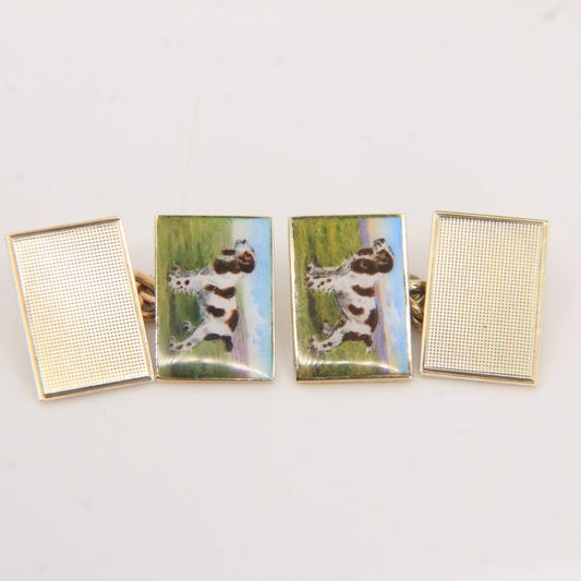 Antique 9ct Hallmarked Yellow Gold Enamel Spaniel Dog Cufflinks 1935 Boxed Gift