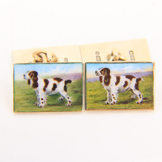 Antique 9ct Hallmarked Yellow Gold Enamel Spaniel Dog Cufflinks 1935 Boxed Gift
