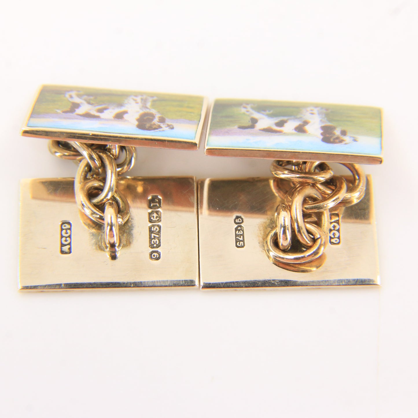 Antique 9ct Hallmarked Yellow Gold Enamel Spaniel Dog Cufflinks 1935 Boxed Gift