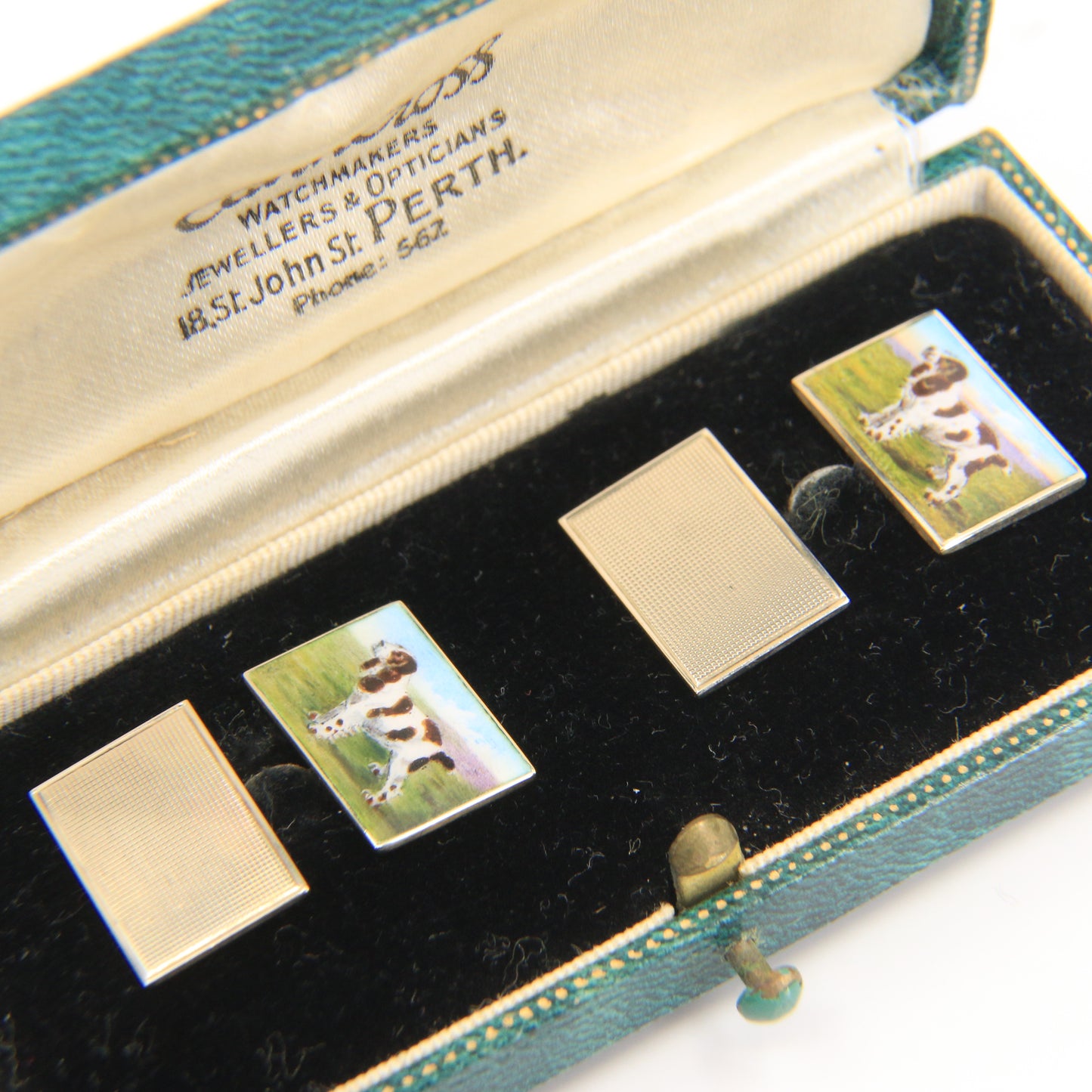 Antique 9ct Hallmarked Yellow Gold Enamel Spaniel Dog Cufflinks 1935 Boxed Gift