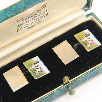 Antique 9ct Hallmarked Yellow Gold Enamel Spaniel Dog Cufflinks 1935 Boxed Gift