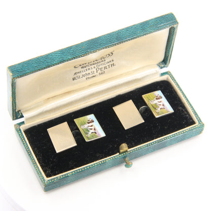 Antique 9ct Hallmarked Yellow Gold Enamel Spaniel Dog Cufflinks 1935 Boxed Gift