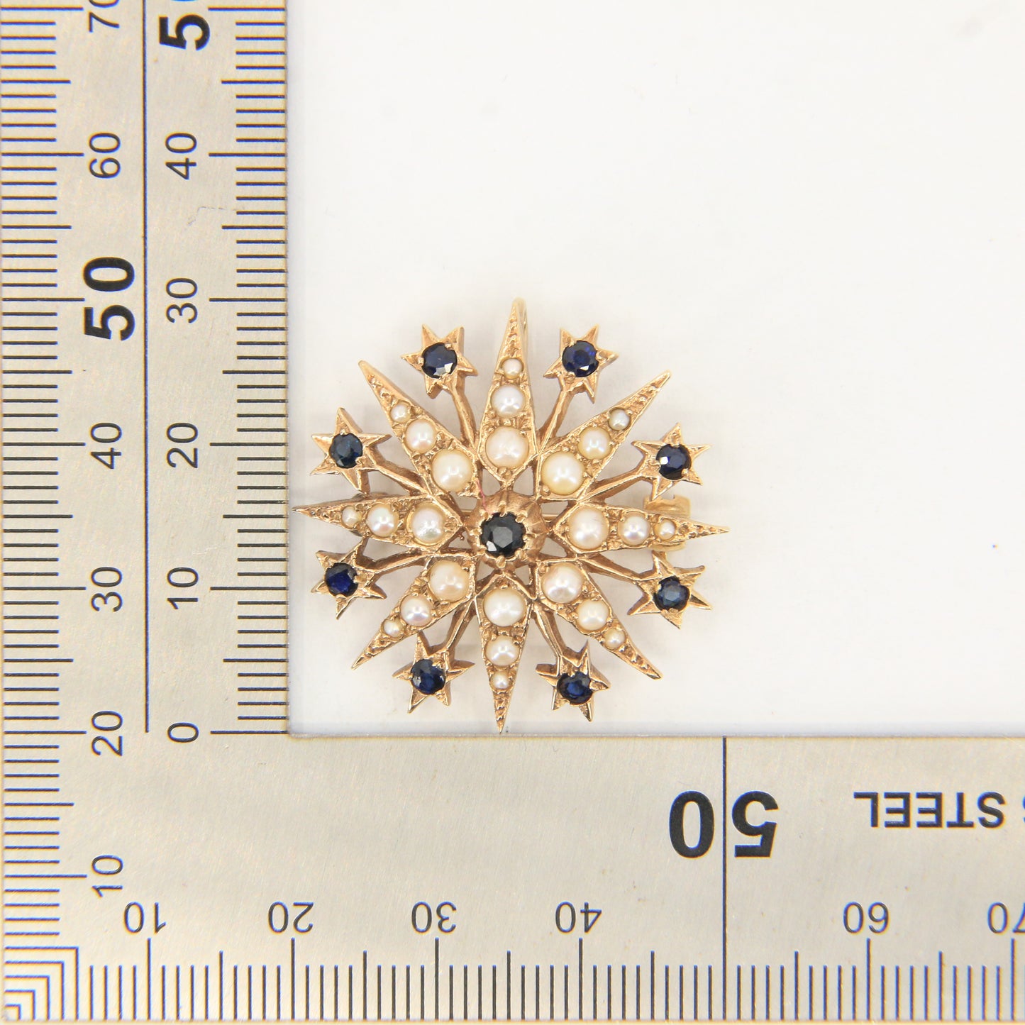 Vintage 9ct Hallmarked Yellow Gold Sapphire Seed Pearl Star Pendant Brooch