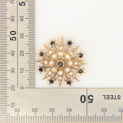 Vintage 9ct Hallmarked Yellow Gold Sapphire Seed Pearl Star Pendant Brooch